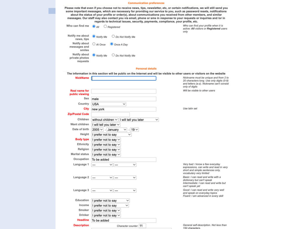 Alena Marriage Agency create account