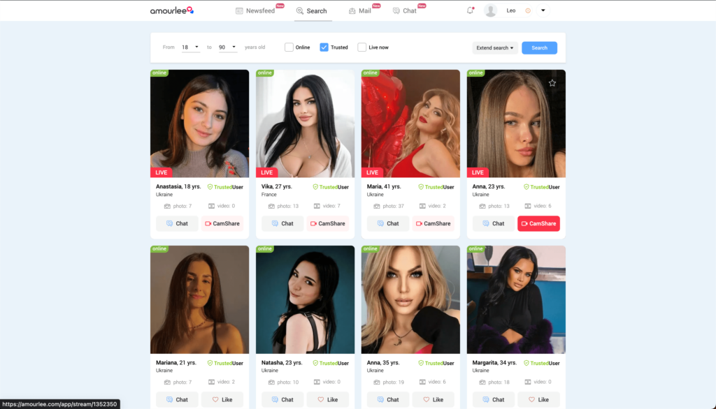 Women’s profiles example on Amourlee search